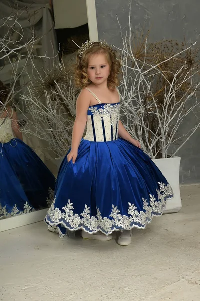 Young Little Princess Blue Velvet Dress Embroidery — Stock Photo, Image