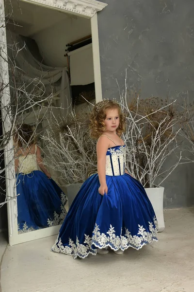 Young Little Princess Blue Velvet Dress Embroidery — Stock Photo, Image