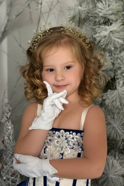 Şlemeli Mavi Kadife Elbiseli Küçük Prenses — Stok fotoğraf