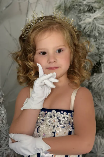 Young Little Princess Blue Velvet Dress Embroidery — Stock Photo, Image