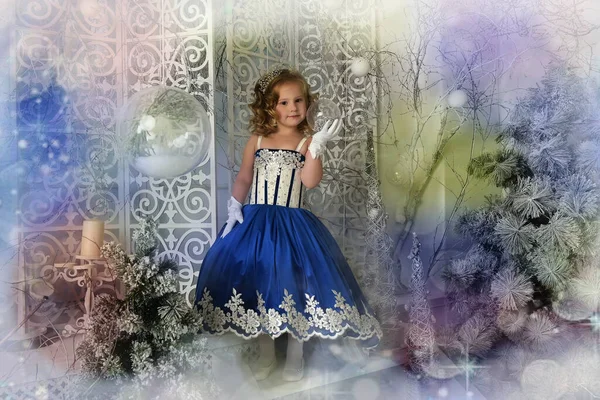 Молодая Маленькая Принцесса Синем Бархатном Платье Вышивкой — стоковое фото