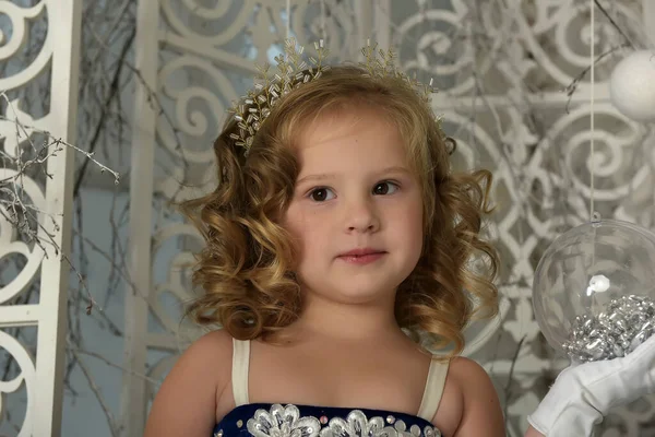 Jovem Pequena Princesa Com Cachos Loira Com Diadema Retrato — Fotografia de Stock