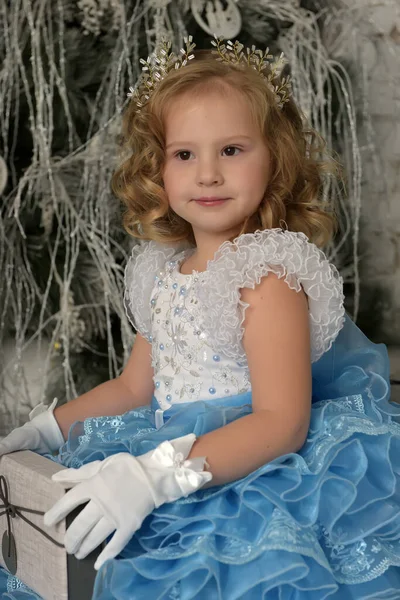 Young Little Princess Blue White Elegant Dress White Gloves Christmas — Stock Photo, Image
