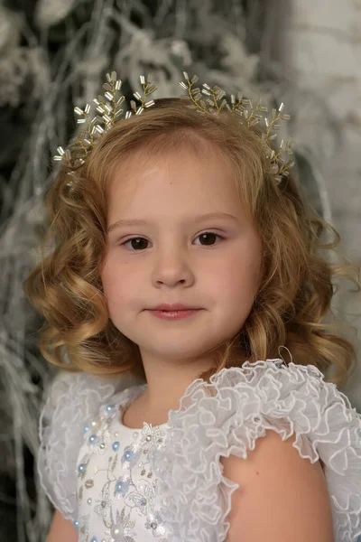 Mladá Malá Princezna Kudrlinkami Blondýny Diadémem Portrét — Stock fotografie