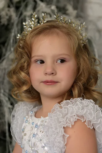 Jovem Pequena Princesa Com Cachos Loira Com Diadema Retrato — Fotografia de Stock