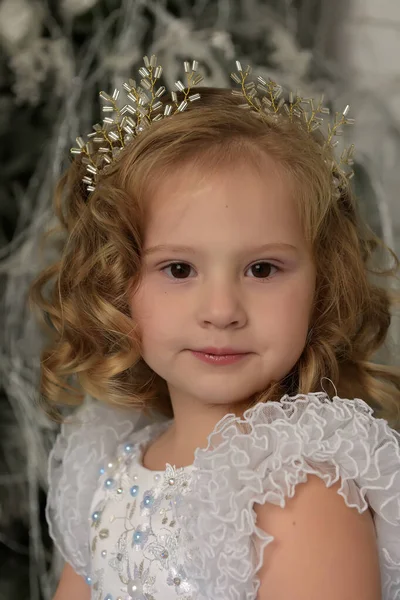 Jovem Pequena Princesa Com Cachos Loira Com Diadema Retrato — Fotografia de Stock