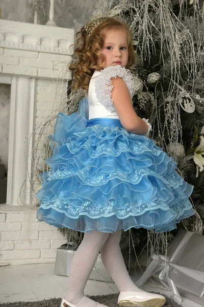 Young Little Princess Blue White Elegant Dress White Gloves Christmas — Stock Photo, Image