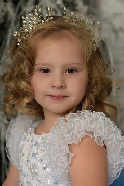 Ung Liten Prinsessa Med Lockar Blond Med Diadem Porträtt — Stockfoto