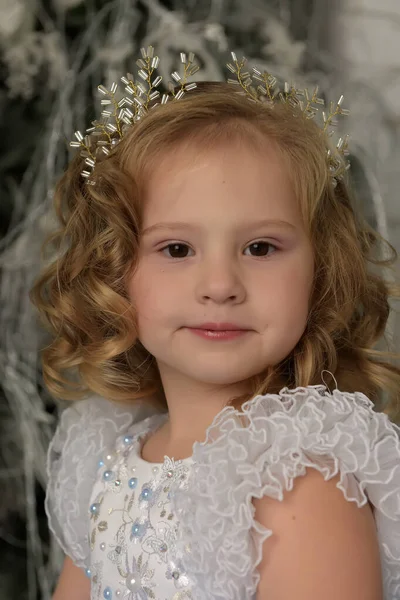 Young Little Princess Curls Blonde Diadem Portrait — Stock Photo, Image