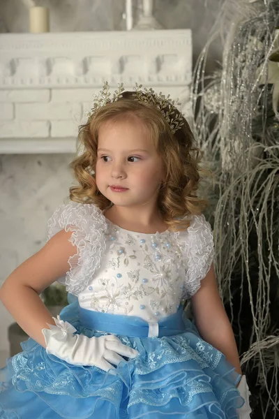 Young Little Princess Blue White Elegant Dress White Gloves Christmas — Stock Photo, Image