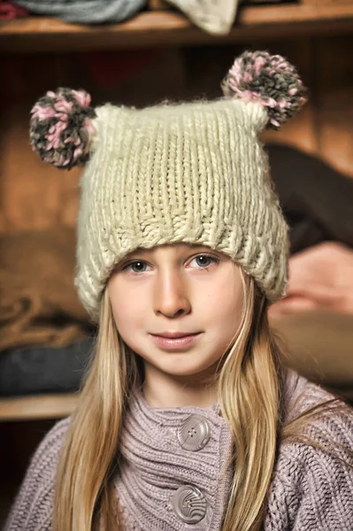 Blonde Girl Knitted Clothes Hat Pompons — Stock Photo, Image