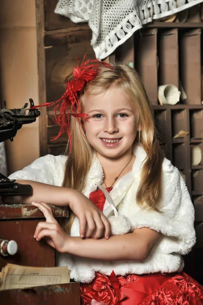 Blonde Girl Red Elegant Dress Red Hairpin Her Hair White — Stock Photo, Image