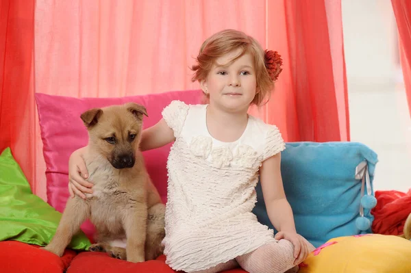 Petite Fille Jouer Avec Chiot Maison — Photo