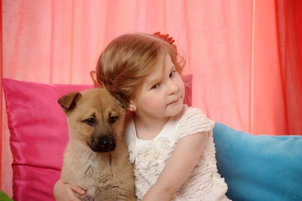 Klein Meisje Spelen Met Een Puppy Thuis — Stockfoto