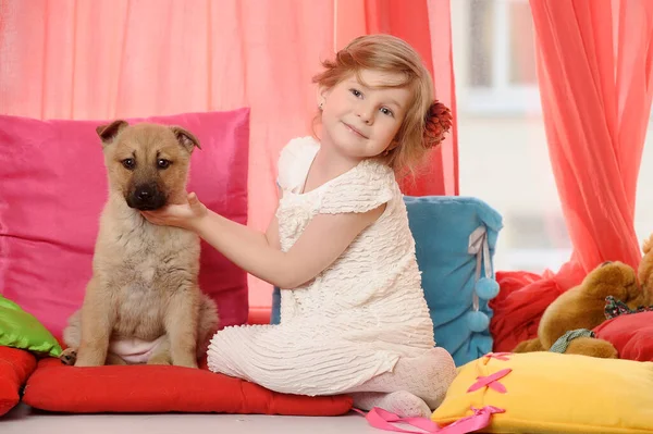 Bambina Che Gioca Con Cucciolo Casa — Foto Stock