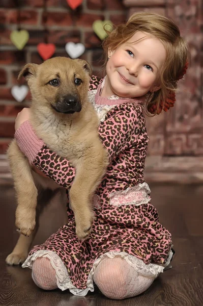 Bambina Che Gioca Con Cucciolo Casa — Foto Stock