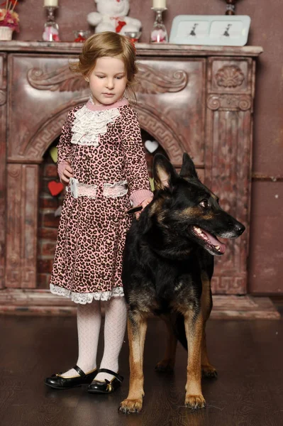 Little Girl Dress Dog Home Fireplace — Stock Photo, Image