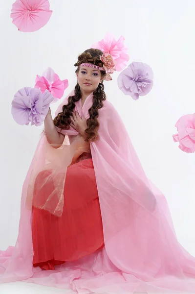 Portrait Girl Pink Beautiful Hairstyle Flowers Her Hair — Stock Photo, Image