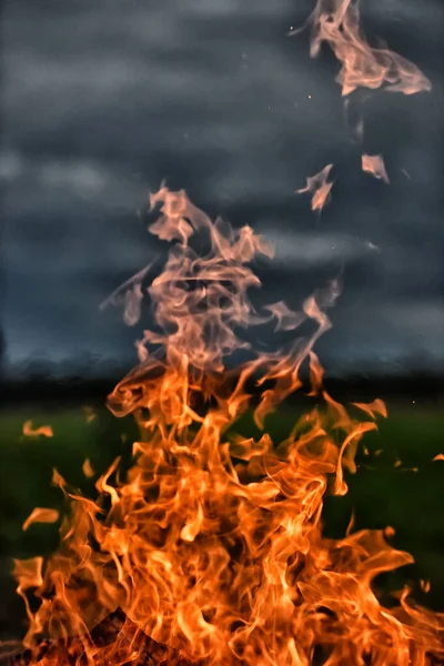 Bonfire Flames Dark Sky Field — Stock Photo, Image