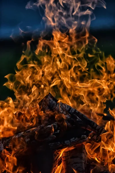 Ognisko Płomienie Przeciwko Ciemnemu Niebu Polu — Zdjęcie stockowe