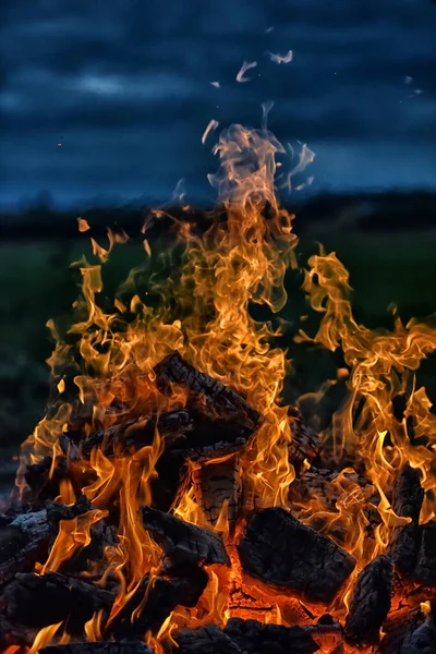 Feu Joie Flammes Contre Ciel Sombre Dans Champ — Photo