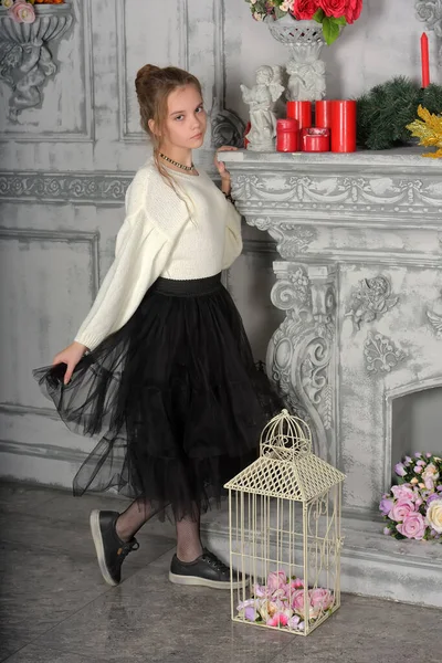Beautiful Girl White Sweater Black Skirt Fireplace — Stock Photo, Image