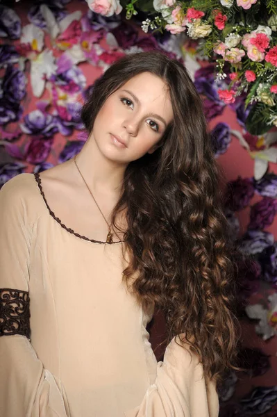 Schöne Brünette Mädchen Mit Langen Lockigen Haaren Einem Mittelalterlichen Kleid — Stockfoto