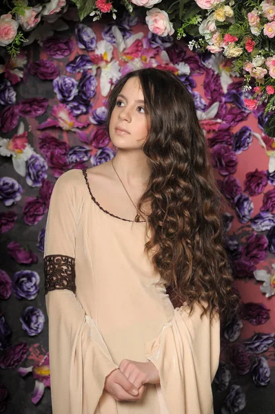 Schöne Brünette Mädchen Mit Langen Lockigen Haaren Einem Mittelalterlichen Kleid — Stockfoto