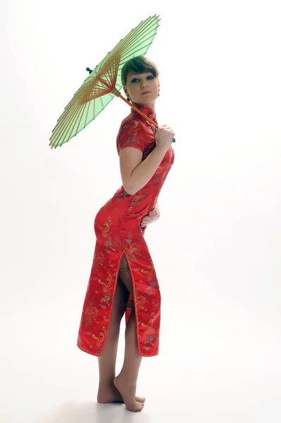 Girl Red Dress Chinese Umbrella Her Hands White Background Studio — Stock Photo, Image