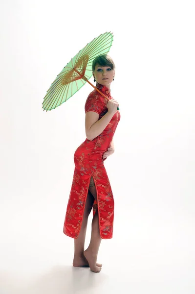 Girl Red Dress Chinese Umbrella Her Hands White Background Studio — Stock Photo, Image