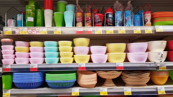Russia Petersburg 2020 Plastic Food Containers Shelf Supermarket — Stock Photo, Image