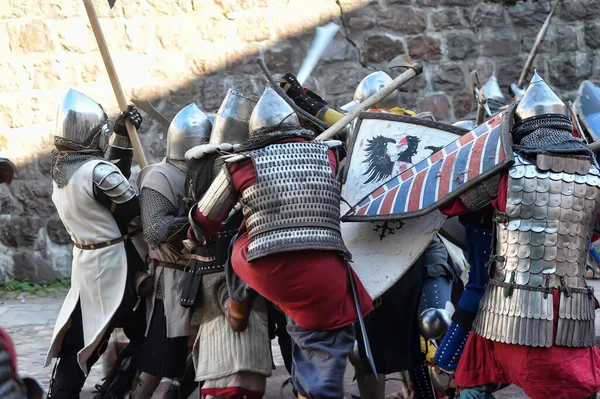 Rusya Vyborg 2016 Tarihi Yeniden Yapılanma Festivali Knight Castle Savaşta — Stok fotoğraf