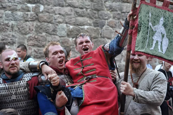 Rusia Vyborg 2016 Festival Reconstrucción Histórica Castillo Caballero Gente Con — Foto de Stock