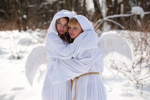 Duas Meninas Com Capuzes Brancos Com Asas Anjo Fundo Inverno — Fotografia de Stock