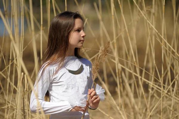 Dívka Bílých Šatech Mezi Vysokou Suché Trávy Jaře — Stock fotografie