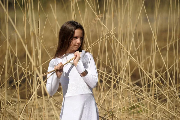 Baharda Kuru Otların Arasında Beyaz Elbiseli Bir Kız — Stok fotoğraf
