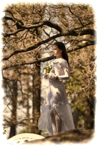 春の森の中の白いドレスの女の子 — ストック写真