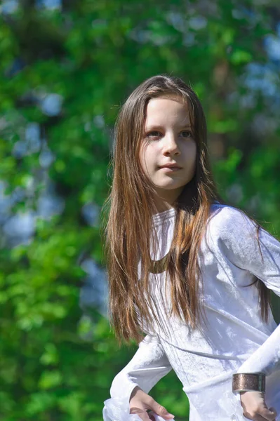 Girl White Dress Woods Spring — Stock Photo, Image