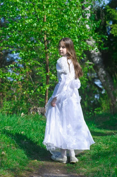 Fille Robe Blanche Dans Les Bois Printemps — Photo