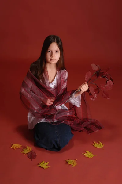 Menina Morena Estúdio Fundo Vermelho Com Folhas Outono Mãos — Fotografia de Stock