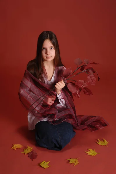 Brunette Meisje Studio Een Rode Achtergrond Met Herfst Bladeren Handen — Stockfoto