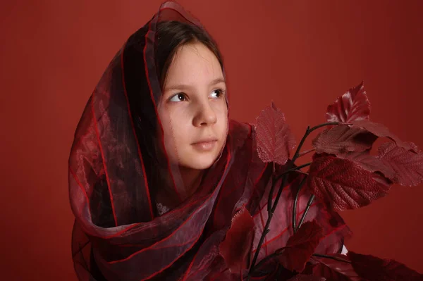 Menina Morena Estúdio Fundo Vermelho Com Folhas Outono Mãos — Fotografia de Stock