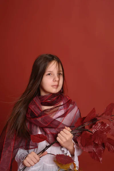 Μελαχρινή Κοπέλα Στο Στούντιο Κόκκινο Φόντο Φθινοπωρινά Φύλλα Στα Χέρια — Φωτογραφία Αρχείου