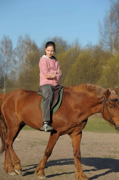 Niña Montado Caballo Marrón — Foto de Stock