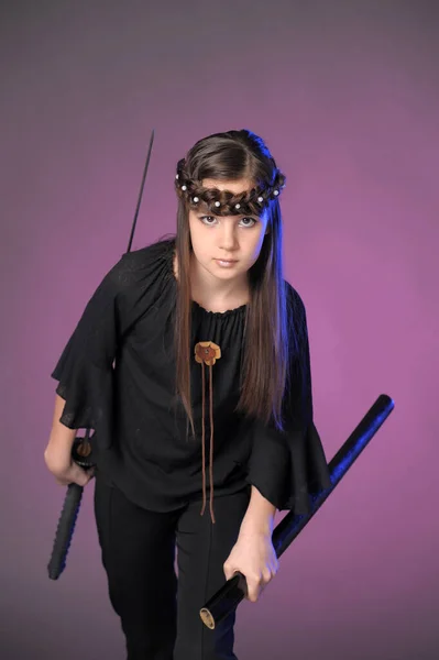 Young Warrior Sword Her Hands Studio — Stock Photo, Image