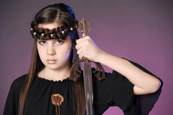 Young Warrior Sword Her Hands Studio — Stock Photo, Image