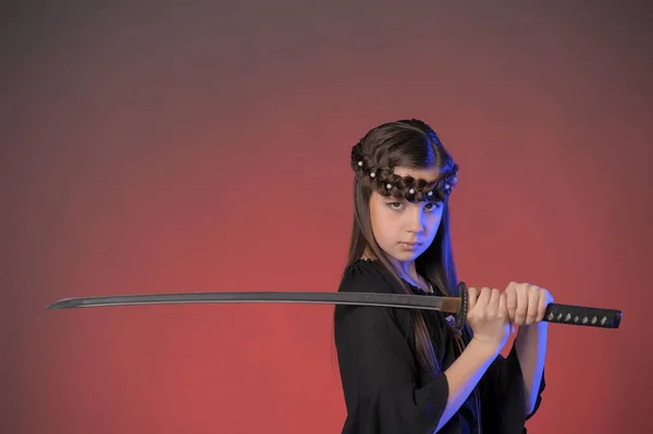 Young Warrior Sword Her Hands Studio — Stock Photo, Image