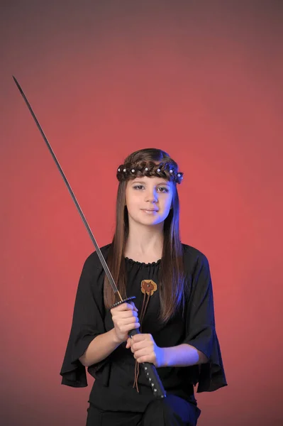 Young Warrior Sword Her Hands Studio — Stock Photo, Image