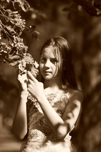 Jeune Fille Brune Dans Jardin Printanier Fleuri — Photo