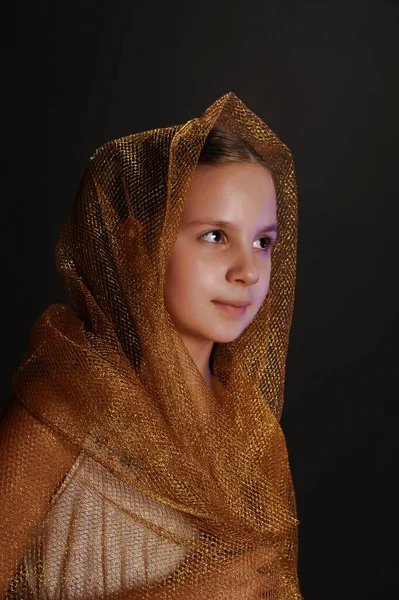 Young Beautiful Girl Praying Dark Background Studio — Stock Photo, Image